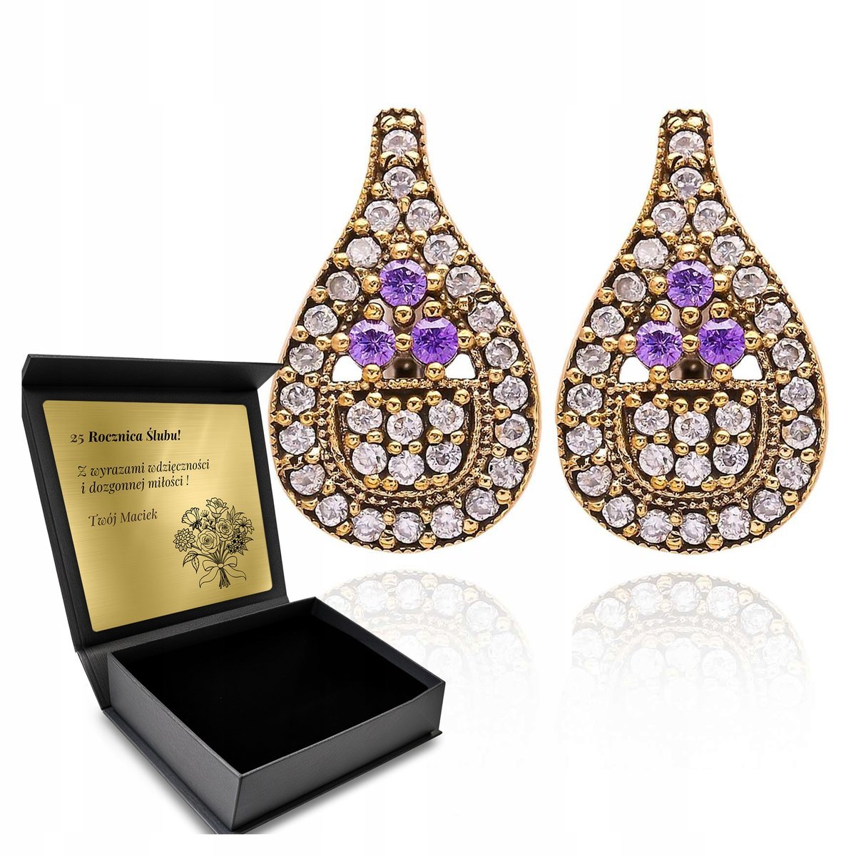 Kolczyki Srebrne 925 Cyrkonie Ametsty Biżuteria Dla Kobiety + Grawer