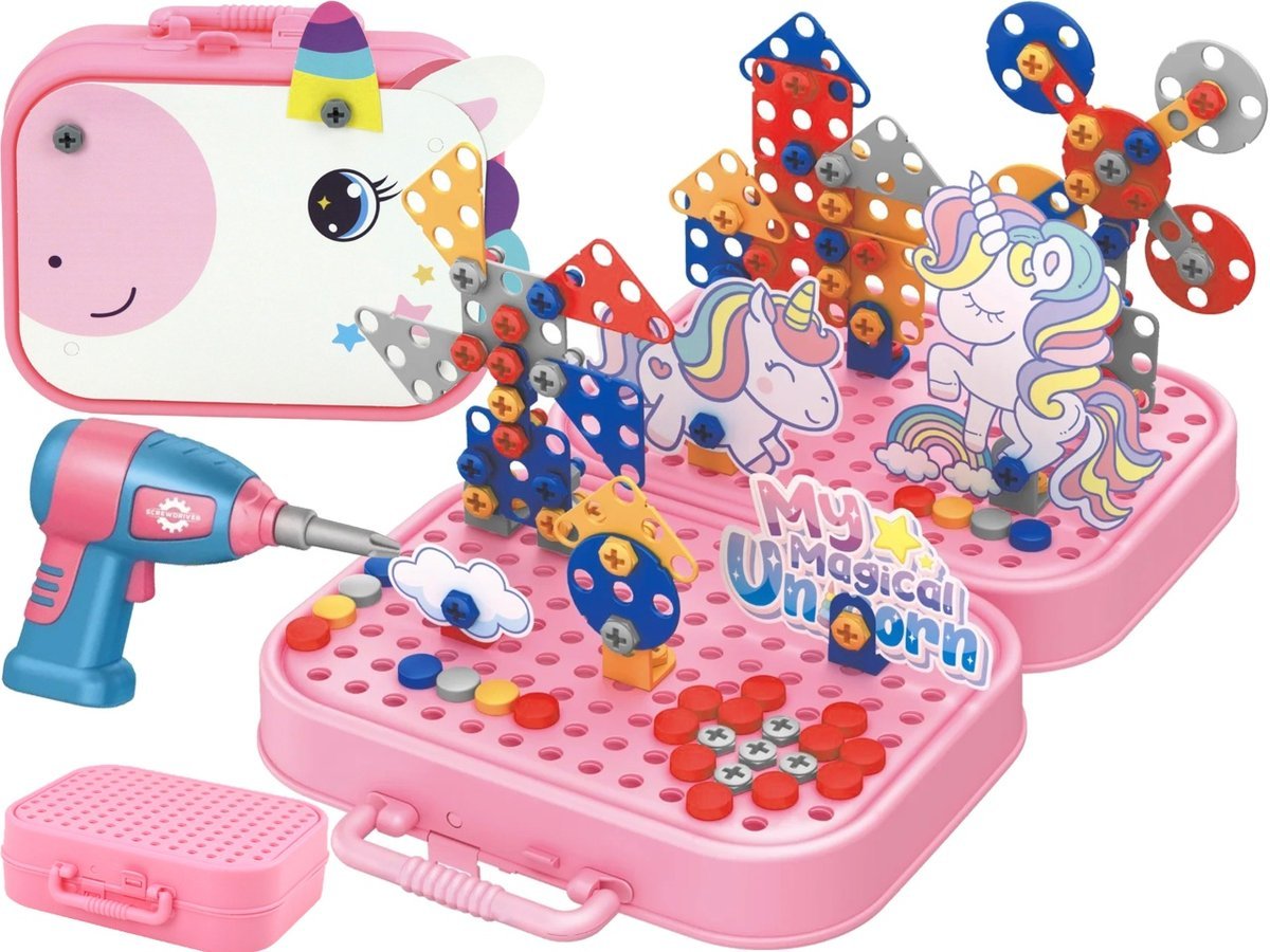 KLOCKI ŚRUBKI Konstrukcyjne + WIERTARKA PUZZLE WALIZKA Jednorożec