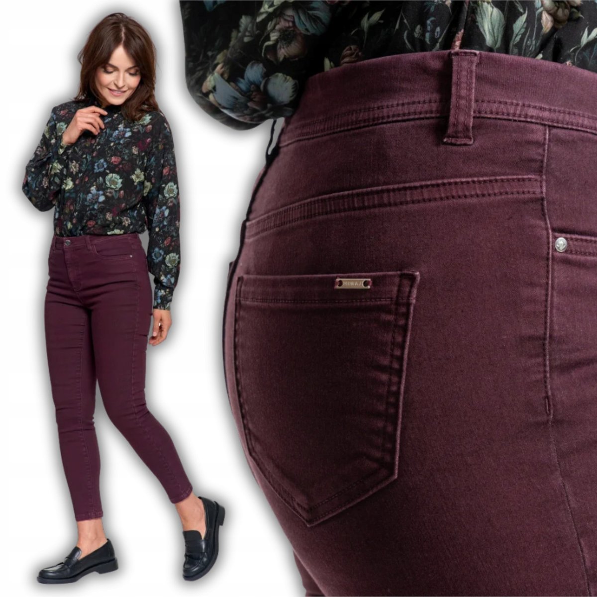 SPODNIE DAMSKIE SKINNY ELASTYCZNE ELEGANCKIE PODWYŻSZONY STAN MORAJ S PURPLE