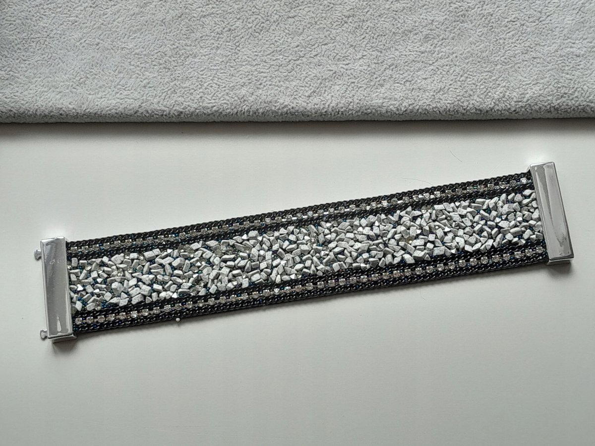 Szeroka Bransoletka Biała Kamienie Stal 3,5Cm
