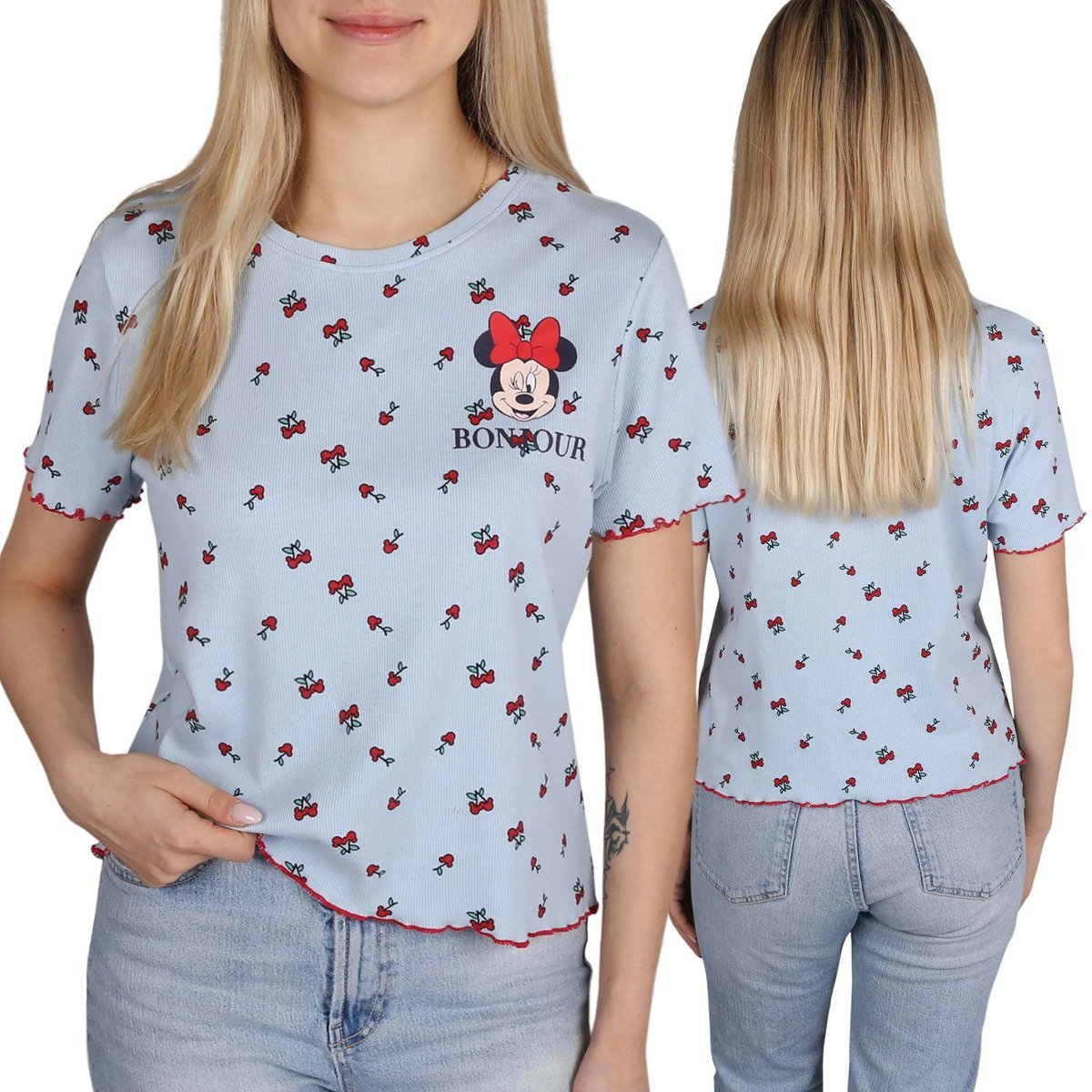 DISNEY Myszka Minnie Damska BAWEŁNIANIA prążkowana koszulka t-shirt w wisienki XS