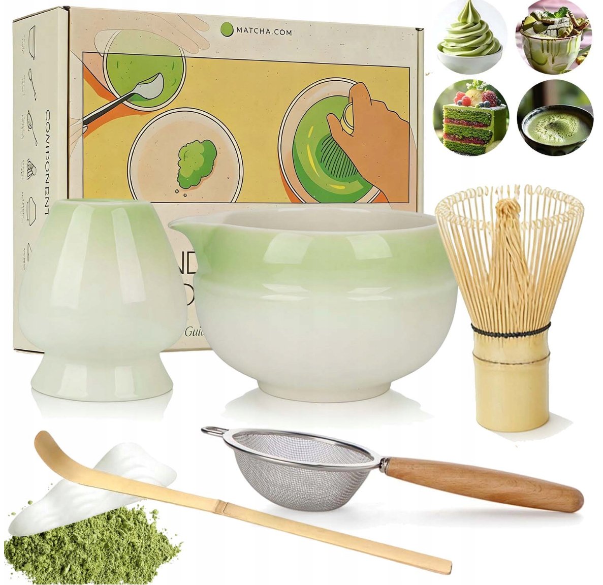 Zestaw Do Matcha 7 Elementów Gradient Zielony Z Podstawą Łyżką I Sitkiem