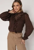 Bluzki damskie - Brązowa Bluzka Zdobiona Koronką Falbankami i Metaliczną Nicią Feralea - miniaturka - grafika 1