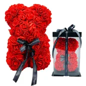 Sztuczne kwiaty - MIŚ Z KOKARDKĄ Z PIANKOWYCH RÓŻ W PREZENTOWYM PUDEŁKU ZE WSTĄŻKĄ 30 X 18 X 18 CM MIŚ 24 X 17 X 17 CM  KOLOR CZERWONY - miniaturka - grafika 1