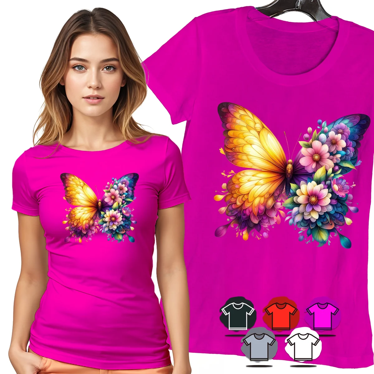 KOSZULKA DAMSKA T-SHIRT - MOTYL ŻÓŁTY KWIATY KOLOROWY WZÓR DLA NIEJ - M