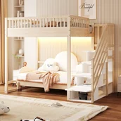 Łóżka dla dzieci i młodzieży - Łóżko piętrowe 140x200 cm - z drabinką bezpieczeństwa - z barierkami bezpieczeństwa - wyposażone w oświetlenie LED - naturalne - miniaturka - grafika 1
