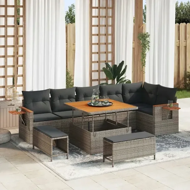 Zestaw Mebli Ogrodowych: Sofa, Stół, Ławka, Naturalny Rattan, Szary