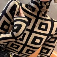 Swetry damskie - TEMU Damski Dopasowany Sweter Zimowy z Golfem - Czarny/Beżowy/Biały/Szary, Geometryczny Kołnierzyk w Greckie Wzorce, Długi Rękaw Strukturalna - miniaturka - grafika 1