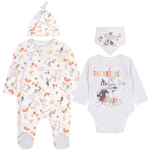 Szaro-biały komplet pajacyk, body, śliniak, czapka Królik Bugs DISNEY OEKO-TEX 0-2 m 56 cm - Czapki damskie - miniaturka - grafika 1