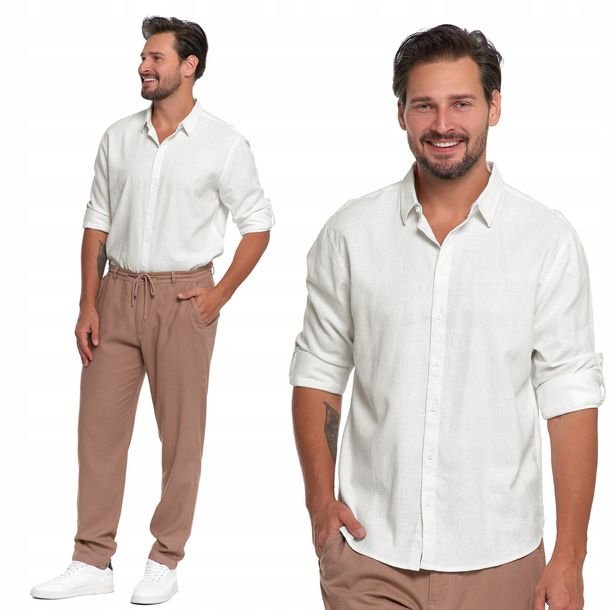 Koszula Męska Lniana Z Długim Rękawem Lekka Elegancka Klasyczna MORAJ XXL O