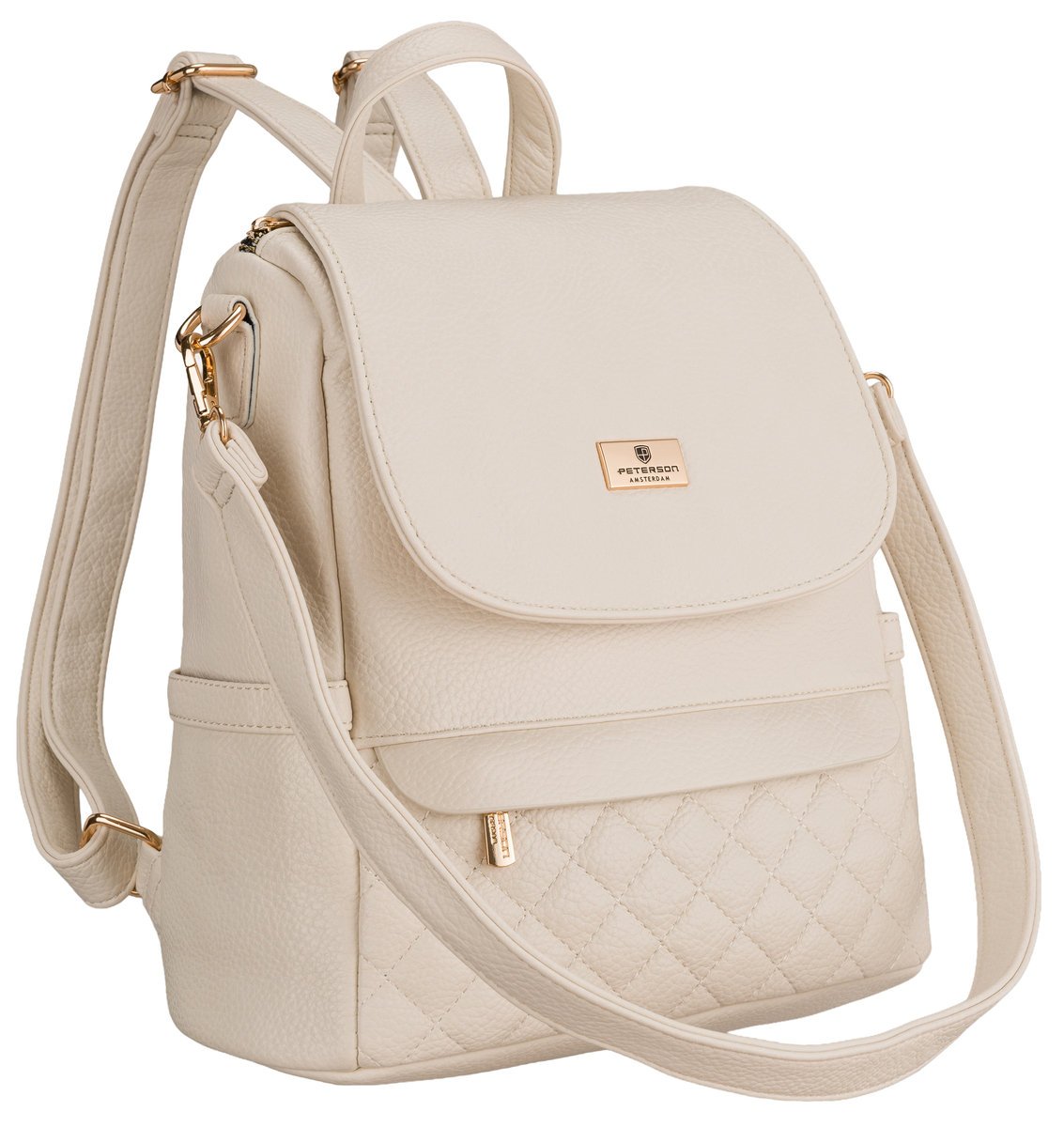 Mały plecak damski 2w1 torebka listonoszka beżowy PETERSON kieszonki na suwak pikowany