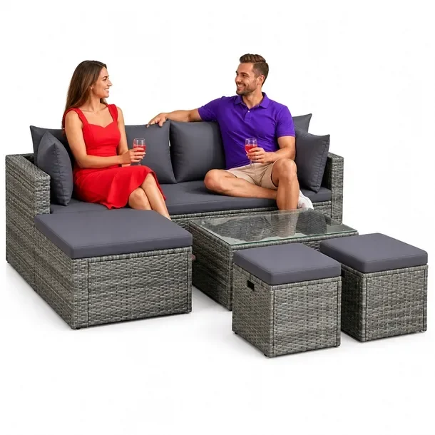 Zestaw mebli ogrodowych z polirattanu i stali, sofa 187x119x58 cm, stolik 8