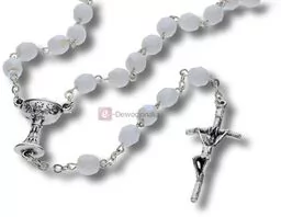 Różaniec kryształkowy biały (opalizowany) IHS, Komunia, 6mm - Różańce - miniaturka - grafika 1