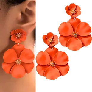 NEONOWY pomarańcz żywe kolczyki złote kwiaty podkreślają opaleniznę WESELE - Kolczyki - miniaturka - grafika 1