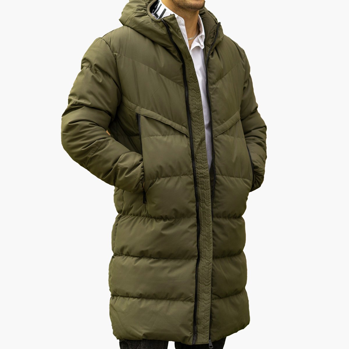 Kurtka Męska Płaszcz Ocieplany Puchowy Długi Khaki M Khaki