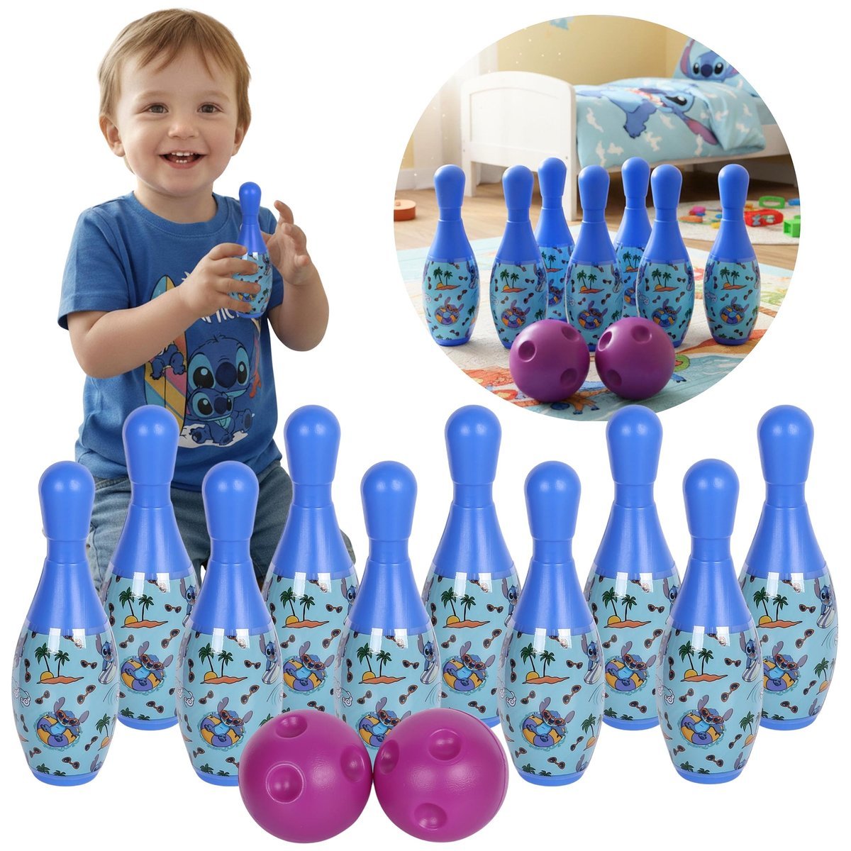 DISNEY Stitch MINI ZESTAW do gry w kręgle, KRĘGLE dla dzieci, gra zręcznościowa, 10 KRĘGLI + 2 KULE, 3+
