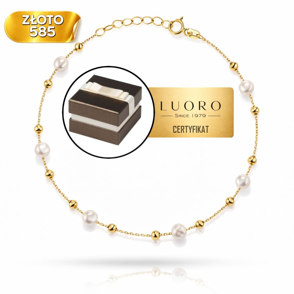 BRANSOLETKA ZŁOTA 585 14K KULKI PERŁY NATURALNE 17 CM + 2 CM REGULOWANA
