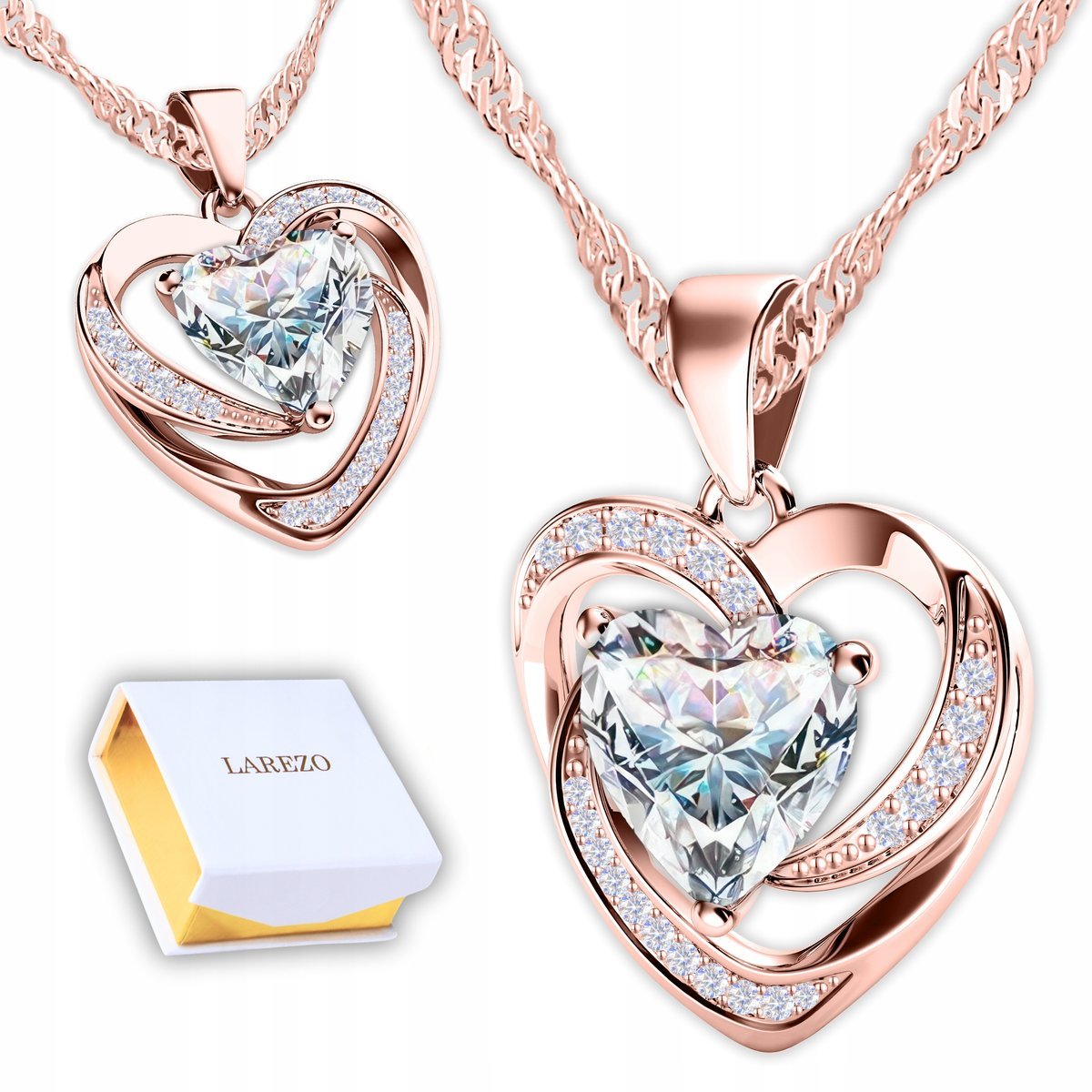 Naszyjnik POZŁACANY Białe Kryształowe Lśniące Serce z Cyrkoniami SREBRO 925