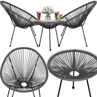 Meble ogrodowe - Meble ogrodowe rattanowe dla 2 osób stół ze szkłem hartowanym 2 fotele ażurowe czarno-szare - miniaturka - grafika 1
