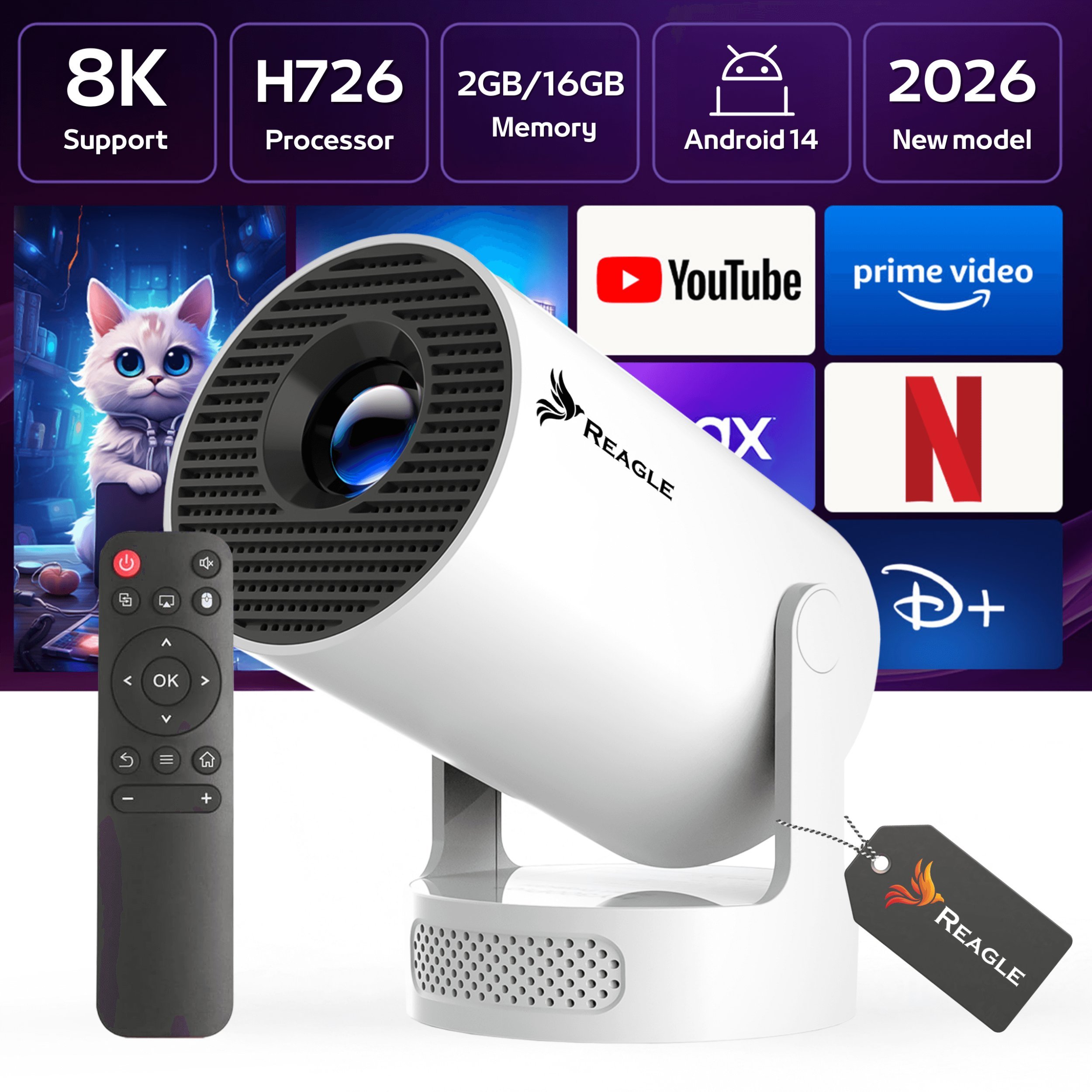 Reagle RZUTNIK MINI PROJEKTOR LED ANDROID 14 PRZENOŚNY 4K SMART TV WIFI MODEL 2026 