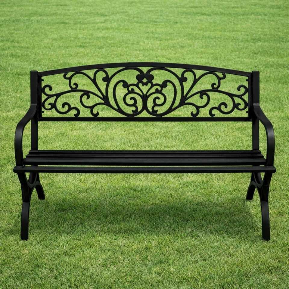 Lean Ławka Ogrodowa Taras Ogród Parkowa Metalowa Oparcie Zdobiona Czarna 127 cm
