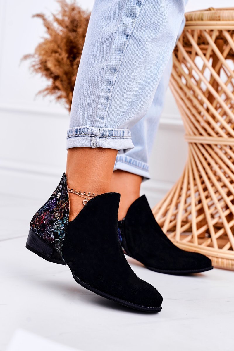 Damskie Skórzane Botki Maciejka Czarne Z Kwiatami 04091-57-39