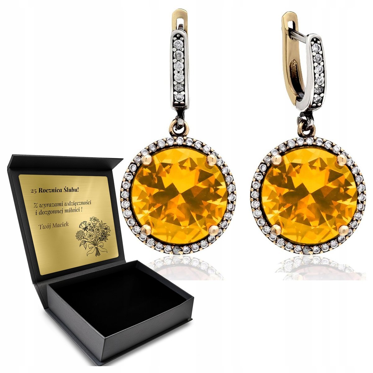 Kolczyki Srebrne 925 Cyrkonie Cytryn Biżuteria Dla Kobiety + Grawer