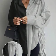 Koszule damskie - TEMU Damska koszulka w paski w blokach kolorystycznych z asymetrycznym dołem, bluzka z długim rękawem dla kobiet - miniaturka - grafika 1