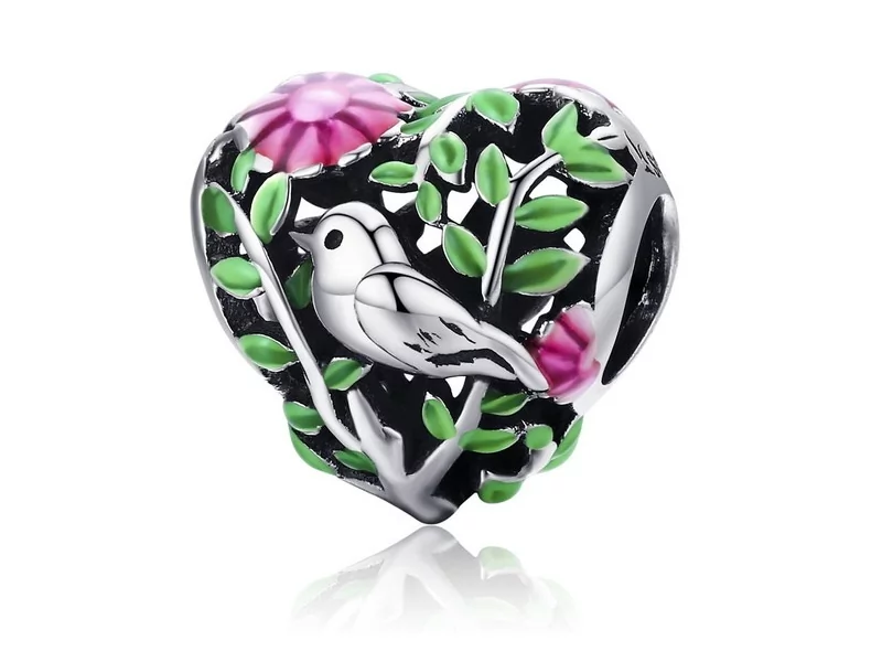 Pandora Valerio.pl Rodowany srebrny charms do serce heart ptaszek rajski ptak bird srebro 925 BEAD064 BEAD064