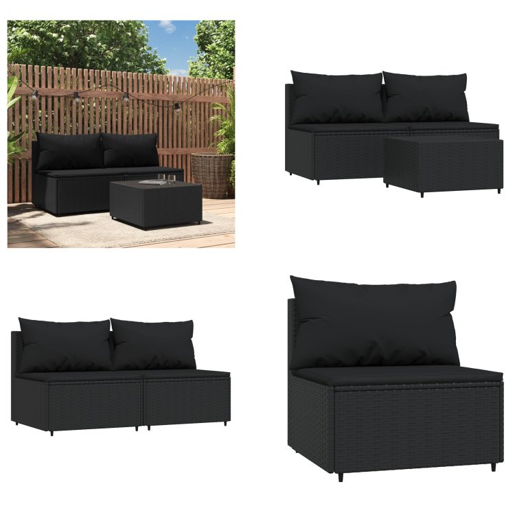 vidaXL 3-częściowy zestaw wypoczynkowy do ogrodu z poduszkami z czarnego polirattanu - Zestaw wypoczynkowy do ogrodu - Zestawy wypoczynkowe do ogrodu - Zestaw wypoczynkowy na zewnątrz - Zestaw wypoczynkowy na taras