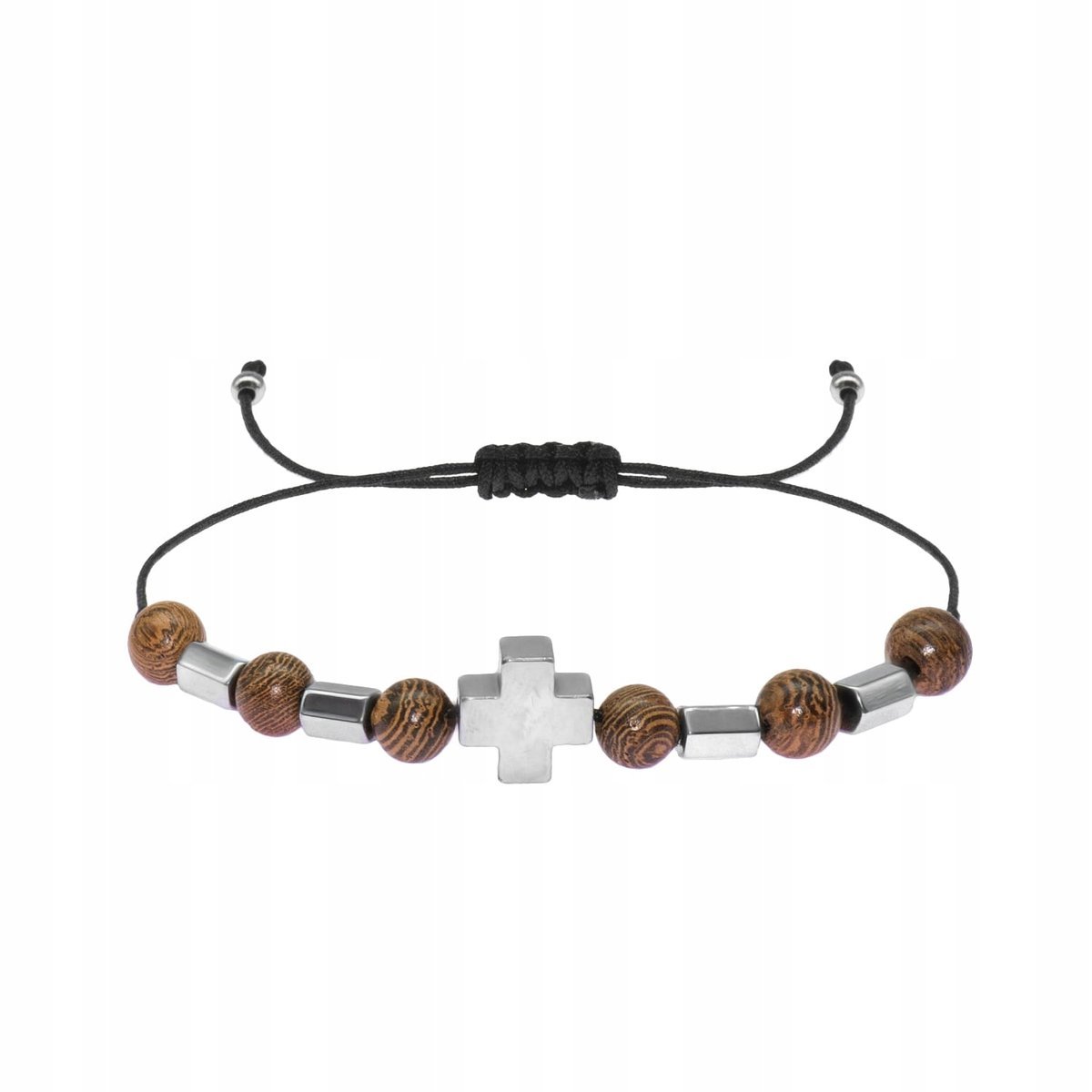 Bransoletka Różaniec Legno Drewno Egzotyczne Hematyt Regulowana Z Krzyżem