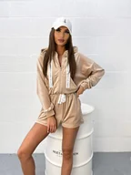 Spodnie sportowe damskie - WELUROWY DRES PREMIUM LA PERLA BLUZA KANGURKA + KRÓTKIE SPODENKI - BEŻOWY - miniaturka - grafika 1