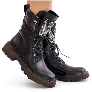 S.Barski Eko Skórzane Botki Workery Ze Zdobieniem Ocieplane D&A MR880-080 Czarne - Botki damskie - miniaturka - grafika 1