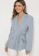 Marynarki i żakiety damskie - Niebieska Marynarka z Ozdobnym Wiązaniem Lenirin - miniaturka - grafika 1