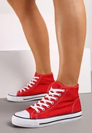 Trampki damskie - Czerwone Trampki na Płaskiej Podeszwie za Kostkę z Perforacją Xelagia - miniaturka - grafika 1