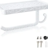 Stojaki i wieszaki na papier toaletowy - Uchwyt na papier toaletowy montowany na ścianie, uchwyt na papier toaletowy Hicoosee z półką do przechowywania w łazience, biały - miniaturka - grafika 1