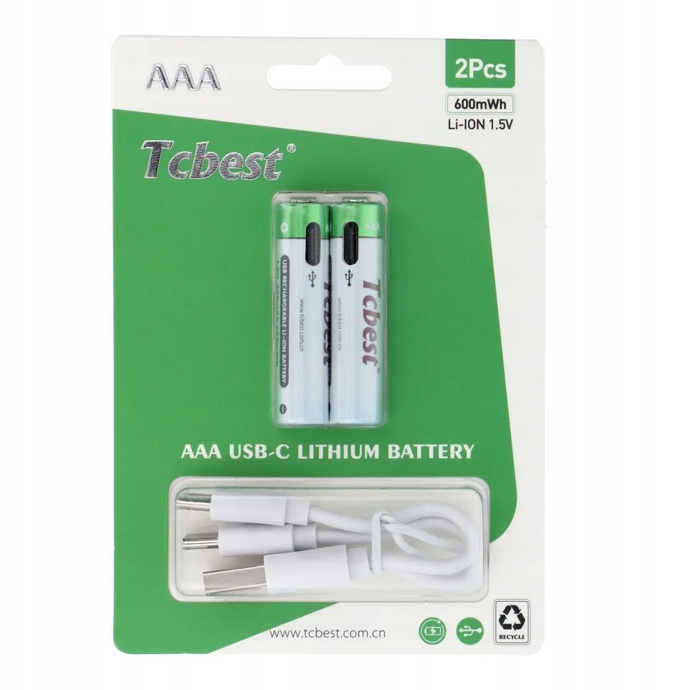 TCBEST bateria akumulatorowa R3 AAA 180 mAh z gniazdem Typ C + kabel USB A do 2 x Typ C 2 szt