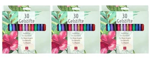 TerCasa 998701-2 długopisy żelowe, 3 zestawy 30 sztuk, 3 etui z 30 długopisami żelowymi z brokatem, tęczą, metaliczne, standardowe i pastelowe efekty kolorystyczne, 90 żelowych pisaków do delikatnego
