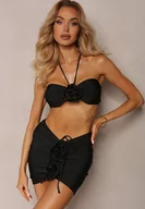 Stroje kąpielowe - Czarne Bikini ze Spódniczką Ozdobione Kwiatową Aplikacją 3D Coren - miniaturka - grafika 1