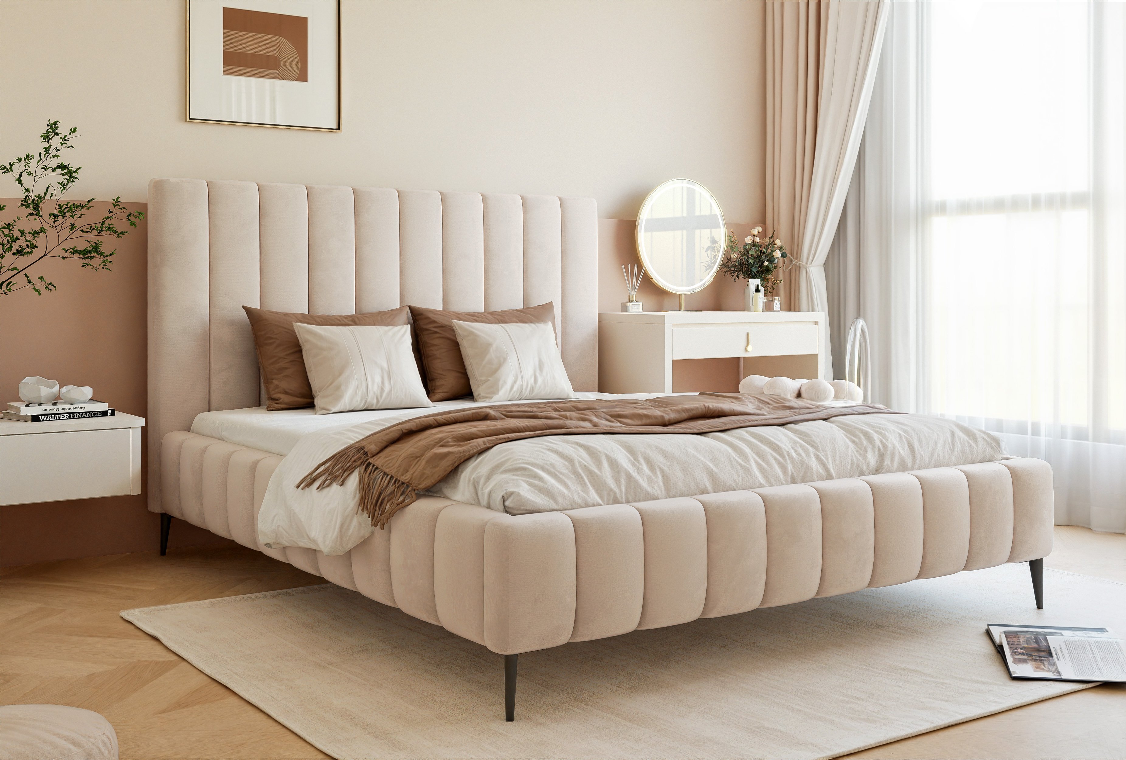 Besilio Möbel - Podwójne łóżko 120x200 Tina II Slim aksamitna tkanina - Designerskie łóżko z listwową ramą, wezgłowiem i podstawą łóżka - Beige & Velluto 02