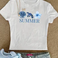 Bluzki damskie - TEMU Damska Biała Koszulka Y2K Koreańska Letnia Plażowa - Krótki Rękaw z Nadrukiem Turkusowego Żółwia Morskiego i Muszli oraz Hawajskich Kwiatów - miniaturka - grafika 1