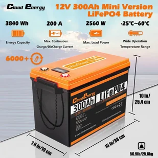 Akumulator zapasowy LiFePO4 Cloudenergy 12V 300Ah, 3840Wh energii, 6000 cyklów, wbudowany BMS 200A - Akumulatory ogólnego zastosowania - miniaturka - grafika 2