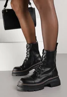 Botki damskie - Czarne Botki Workery na Podeszwie z Tłoczeniami Temishe - miniaturka - grafika 1