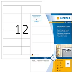 HERMA samoprzylepne wytrzymałe odporne na warunki atmosferyczne etykiety foliowe, 12 etykiet na arkusz A4, 480 etykiet do drukarek atramentowych, 97 x 42,3 mm (4597) - Etykiety do drukarek - miniaturka - grafika 1