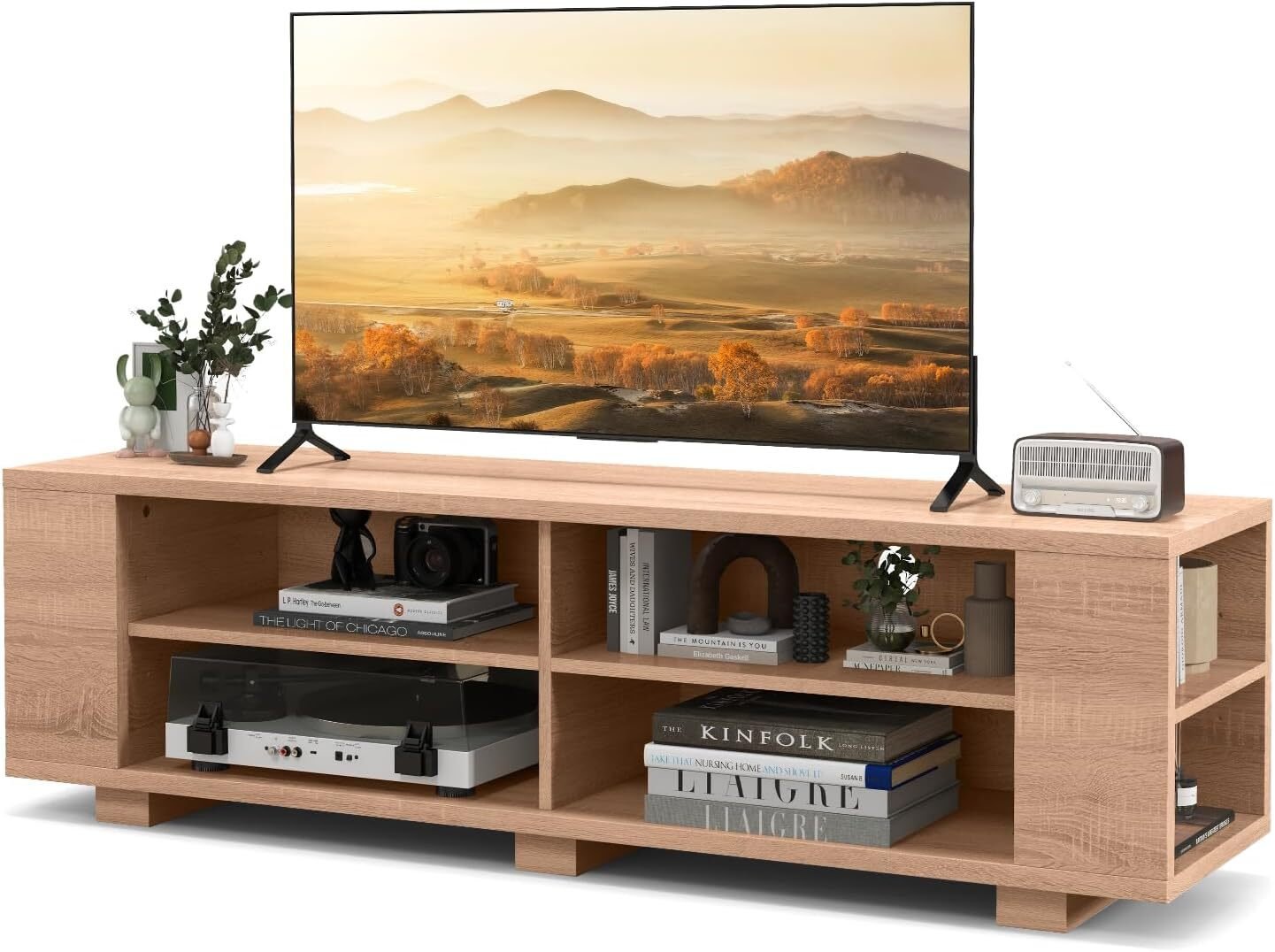 Szafka pod telewizor, stolik pod telewizor do 165 cm (65 cali), z regulowanymi i wyjmowanymi półkami, stojak pod telewizor z 8 schowkami, do salonu, sypialni (orzech)
