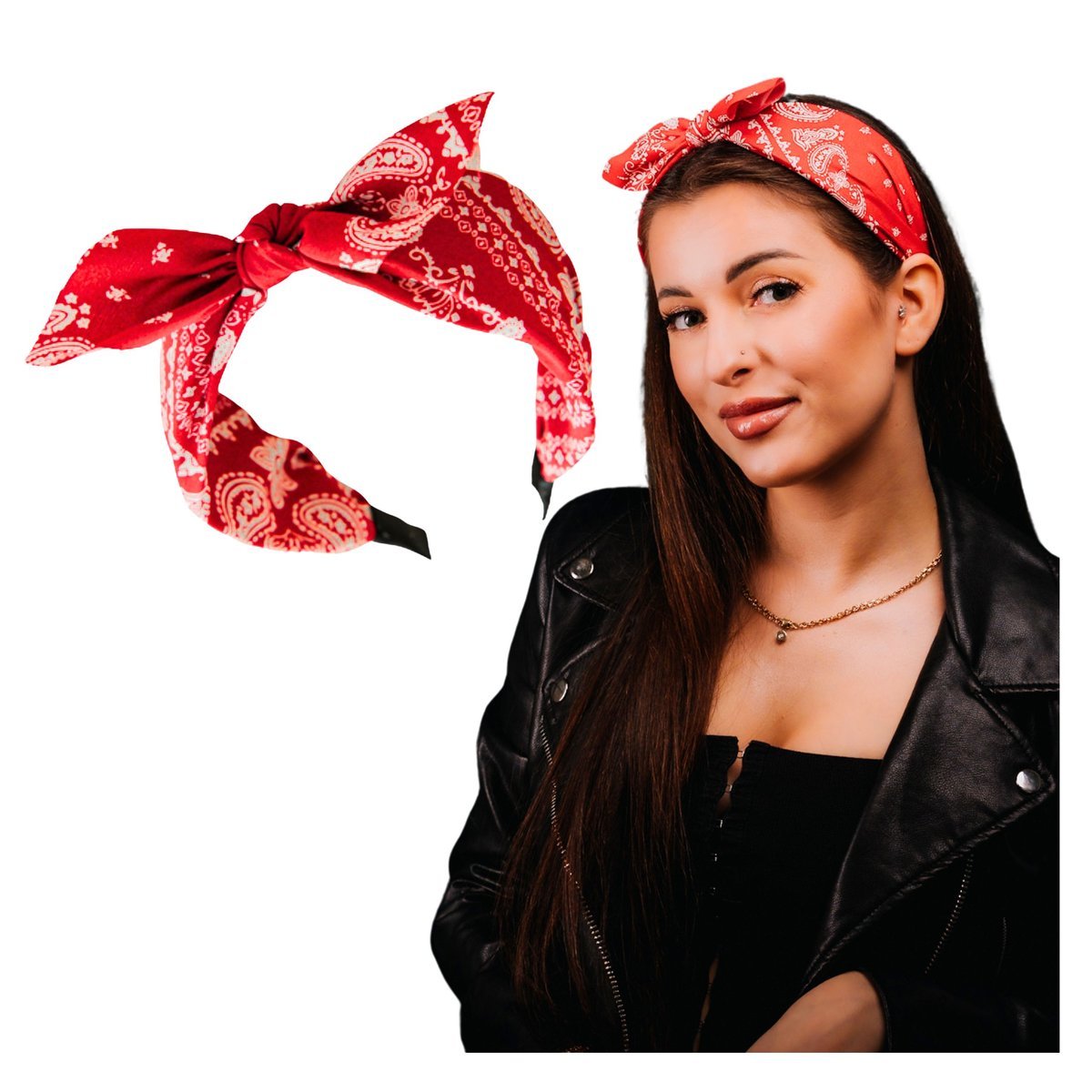 Opaska do Włosów Czerwona z Kokardą na Głowę Szeroka w Biały Wzór Paisley