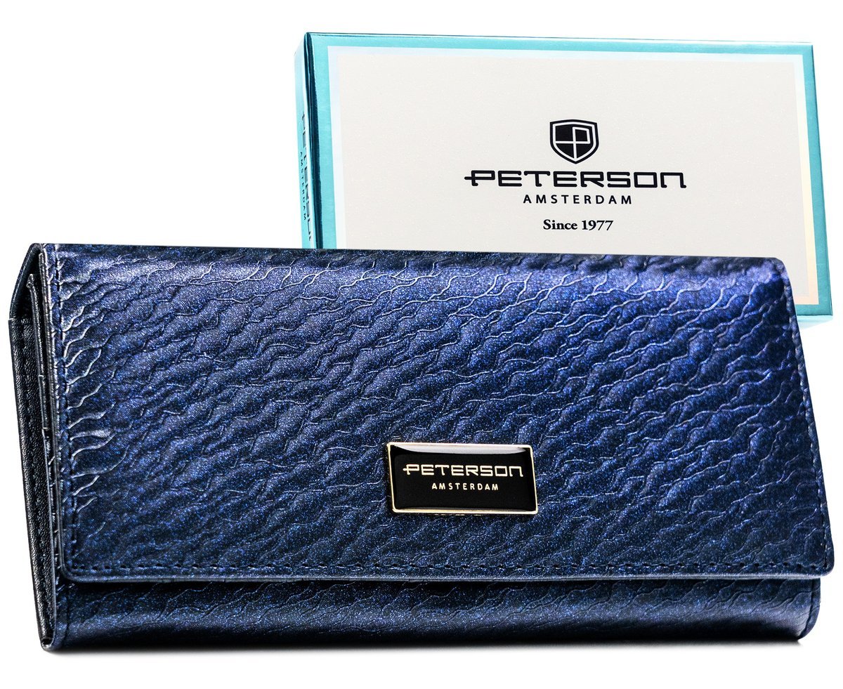 Duży portfel damski granatowy PETERSON skóra naturalna i ekologiczna klasyczny na zatrzask