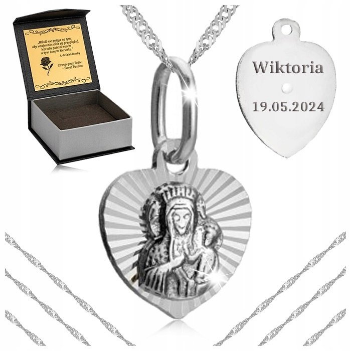 Srebrny Naszyjnik + Medalik Serce Pr 925 Matka Boska Częstochowska + Grawer