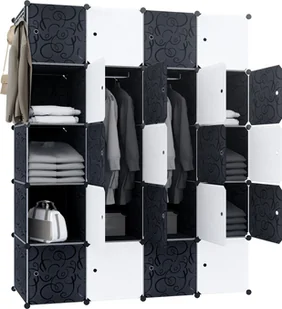 YUENFONG System półek do garderoby DIY stojak na buty z drążkiem na ubrania, modułowa szafa kombinowana, oszczędzający miejsce system półek wtykowych, półka na książki Przenośna składana szafa z drzwiami (20 kostek, czarny + biały) - Szafki na buty - miniaturka - grafika 1