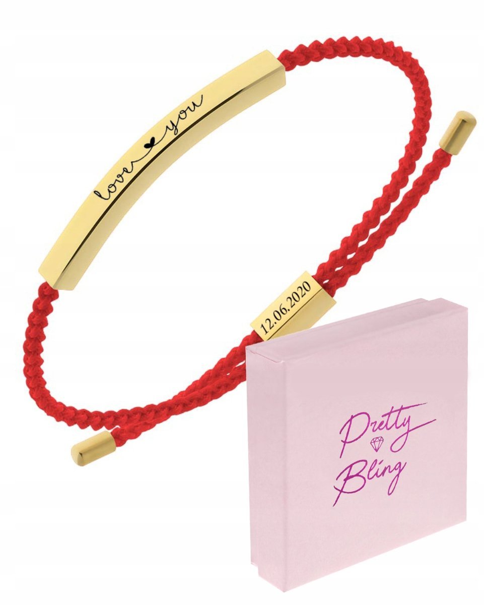 Bransoletka z GRAWEREM sznurkowa CZERWONA regulowana złota STAL 316L